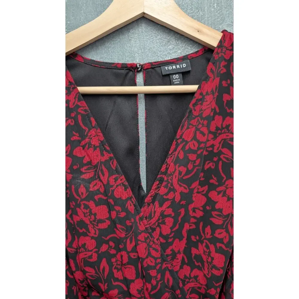 Torrid Black Red Midi Dress 00 Large V Neck sheer Balloon Sleeve Pockets - Picture 4 of 14